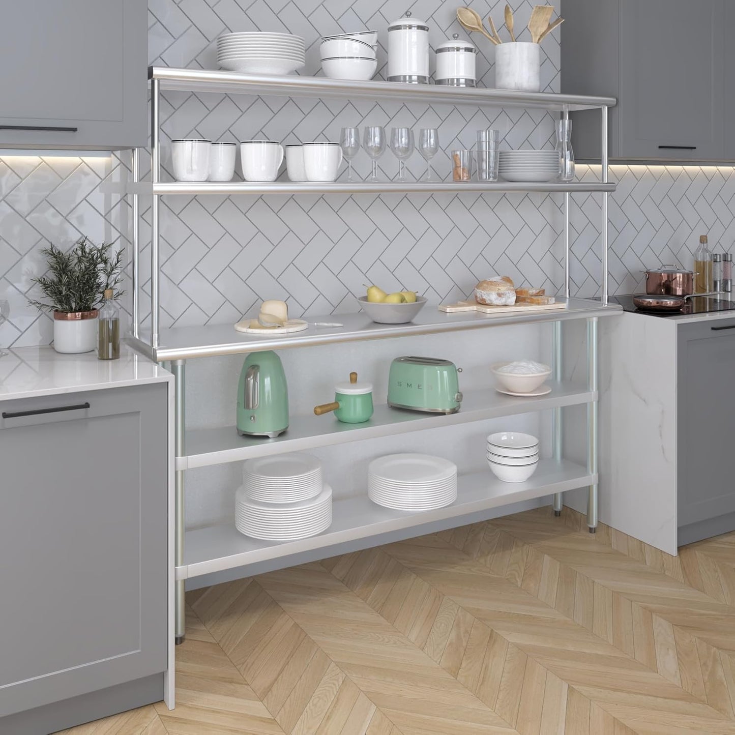 Amgood Stainless Steel Work Table with 2 Shelves & Overshelf | Metal Kitchen Prep & Shelving Combo (14" x 72" Table + 12" Overshelf)