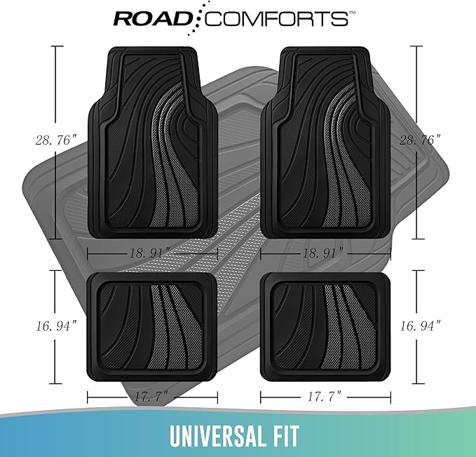Road Comforts Car Floor Mats Full Set – Front & Rear Car Floor Mats with Aluminum Design, Anti-Slip Backing, All-Weather Protection, Trim-to-Fit Car Mats for Most Sedans, SUVs & Vans - Black