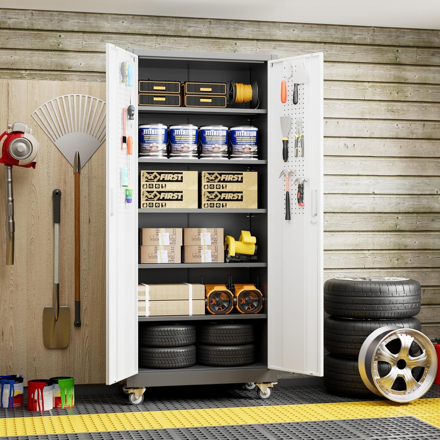 Metal Garage Cabinet with Wheels and Pegboard 71'' x 32'' x 16'', Lockable Rolling Steel Cabinet with 5 Adjustable Shelves and Door for Garage, Office, Kitchen, Assembly Required