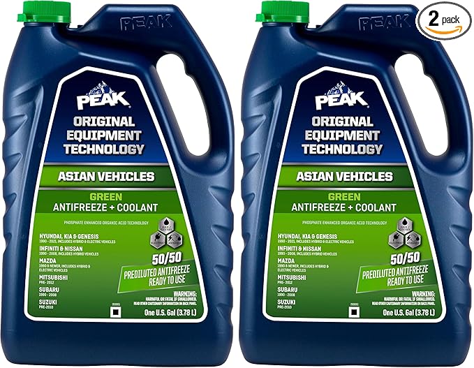 PEAK OET Extended Life Green 50/50 Prediluted Antifreeze/Coolant for Asian Vehicles, 1 Gal. (Pack of 2)