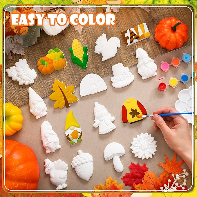 Simgoing 24 Sets Fall Ceramic Painting Kit for Adults Thanksgiving Unpainted Paint Your Own Figurines DIY Ready to Paint Ceramics Painting Crafts Arts and Crafts Set with Soft Magnetic Strips