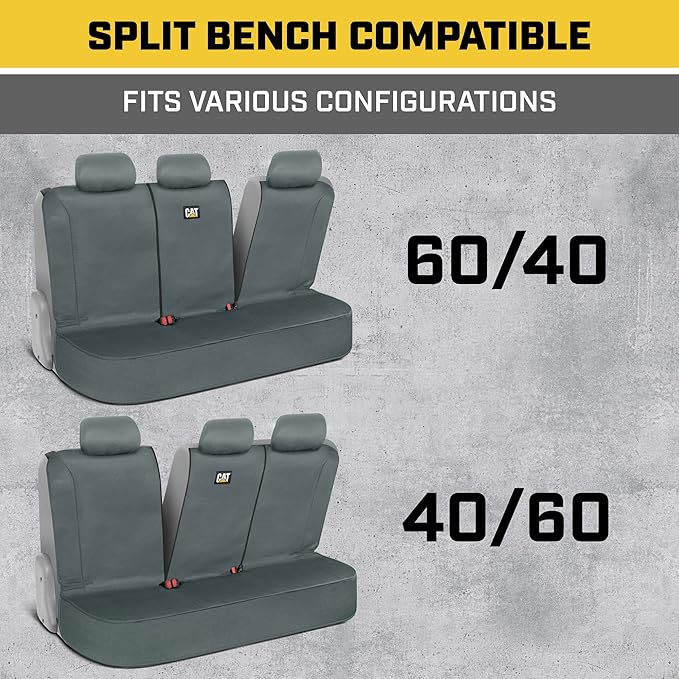 CAT Flexfit™ Gray Rear Seat Cover for Car, SUV, & Truck - Durable Canvas Material Back Car Seat Covers 60/40 Split Bench Protector - Back Seat Cover & Back Seat Protector Interior Accessories