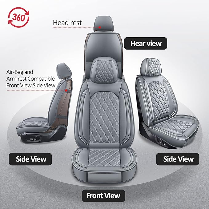 MIROZO Car Seat Covers Full Set - Leather Seat Covers Grey Breathable Vehicle Cushion Cover Fit for Most Sedan, Truck and SUV for Elantra Sonata Sportage CRV Accord Chevy Equinox (Gray)
