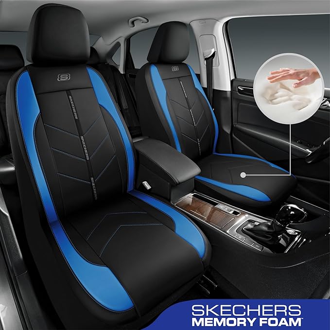 Skechers Car Seat Covers,Luxury Faux Leather Seat Covers,Waterproof Anti Slip Car Seat ProtectorFull Set,Car Accessories Airbag Universal Fit for Most Cars,Vans,Trucks,SUV,Blue