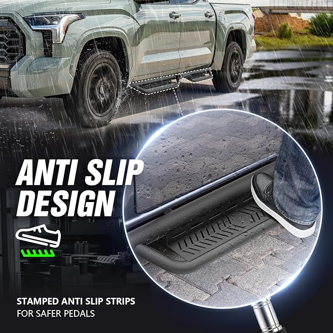 CrewMax Cab Running Boards Side Steps Compatible with 2022 2023 2024 2025 Toyota Tundra Crew Max Cab, Two Stair Design Black Side Rails Nerf Bars (Black Powder Coated, Star Logo)