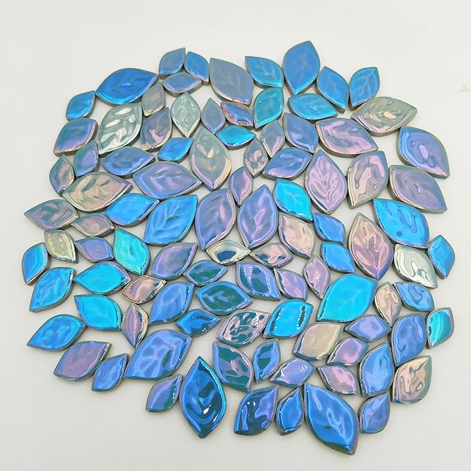 1.1LB Random Iridescent Leaves Ceramics Mosaic Tiles, Making Creative 3 Size Ceramic Mosaic Pieces for DIY Craft,Flowerpots, Vases, Cups, Garden Decor Mosaic Making Supplies (Sky Blue)