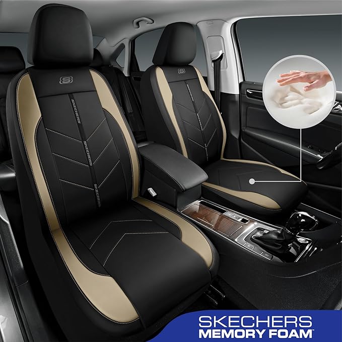 Skechers Car Seat Covers,Luxury Faux Leather Seat Covers,Waterproof Anti Slip Car Seat ProtectorFull Set,Car Accessories Airbag Universal Fit for Most Cars,Vans,Trucks,SUV,Beige