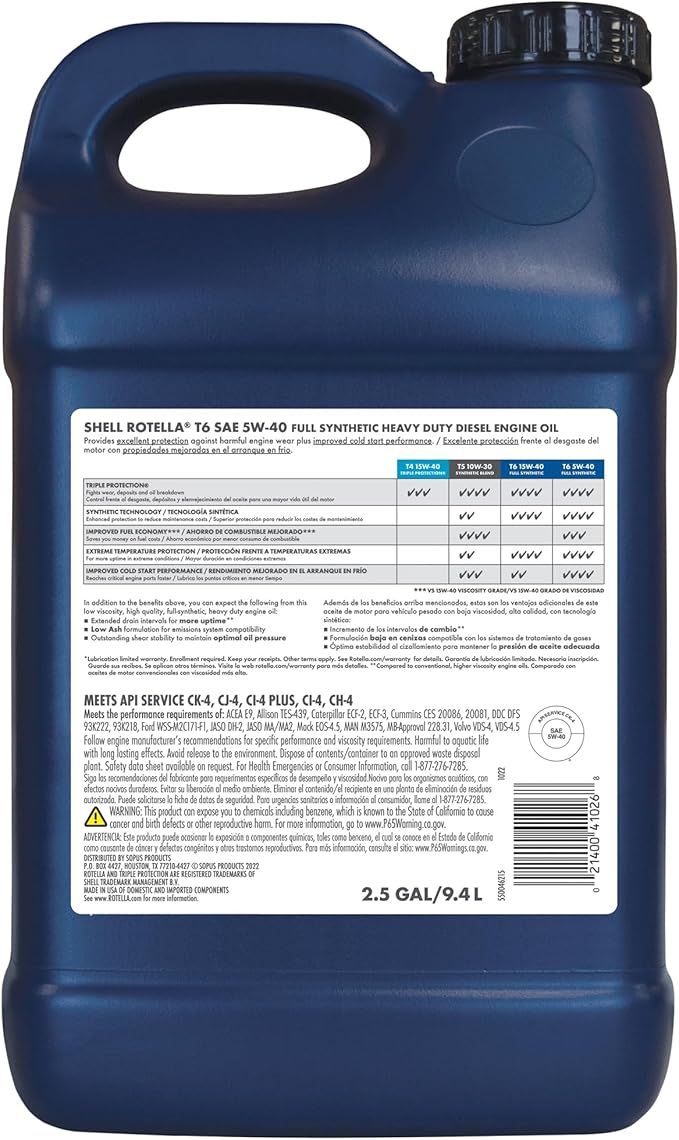 Shell Rotella T6 Full Synthetic 5W-40 Motor Oil, 2.5 Gallon (2 Pack)