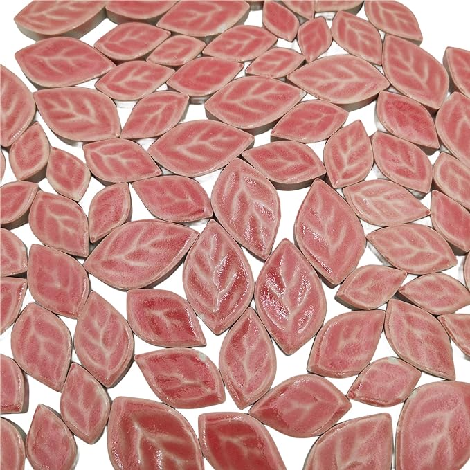 1.1LB Random Leaves Ceramics Mosaic Tiles, Making Creative 3 Size Ceramic Mosaic Pieces for DIY Craft,Flowerpots, Vases, Cups, Garden Decor Mosaic Making Supplies (Light Red)
