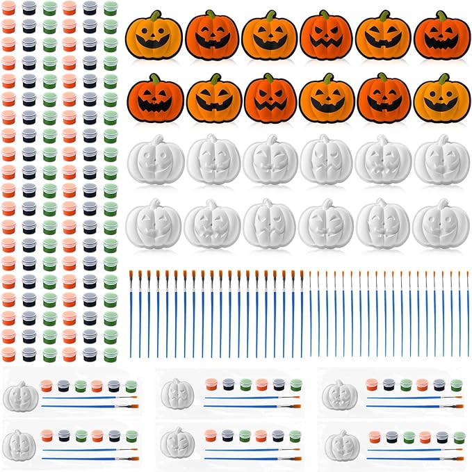 Foilswirl 24 Set Pumpkin Ceramic to Paint Halloween DIY Painting Kit Ready to Paint Pumpkin Crafts Unpainted Ceramics Figures with Brushes Acrylic Bags for Halloween Thanksgiving Party Decoration