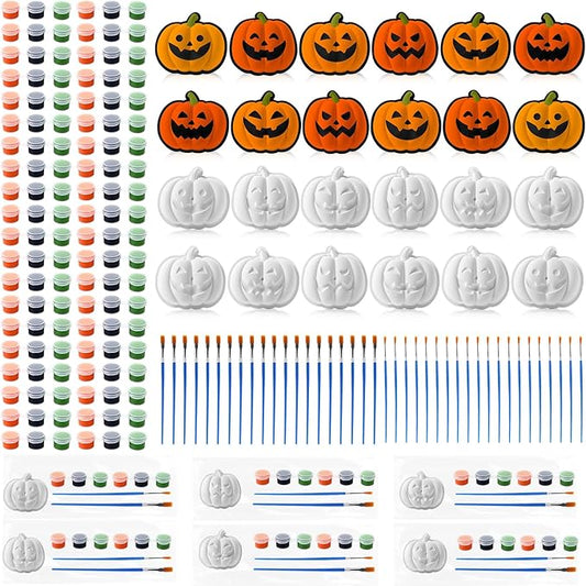 Foilswirl 24 Set Pumpkin Ceramic to Paint Halloween DIY Painting Kit Ready to Paint Pumpkin Crafts Unpainted Ceramics Figures with Brushes Acrylic Bags for Halloween Thanksgiving Party Decoration