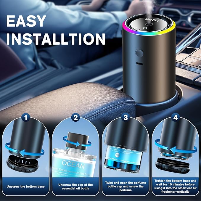 Smart Car Air Freshener Diffuser, Car Diffuser Air Fresheners Long Lasting with 100ml Perfume Last 6 Months, RGB Music Syncing Light, Auto On/Off Intelligent, 5 Adjustable Rechargeable Aroma Diffuser