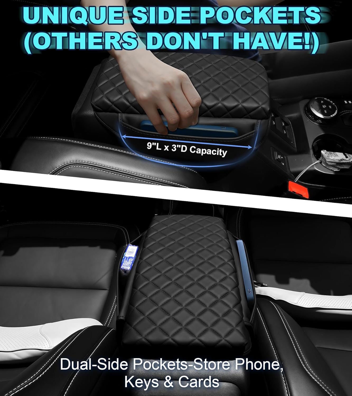 Armrest Cover for Ford Bronco 2021-2025 Center Console Pad with Organizer Storage Pockets, Black Faux Leather Arm Rest Lid Protector Cushion Interior Accessories 2/4 Door (for Bronco)