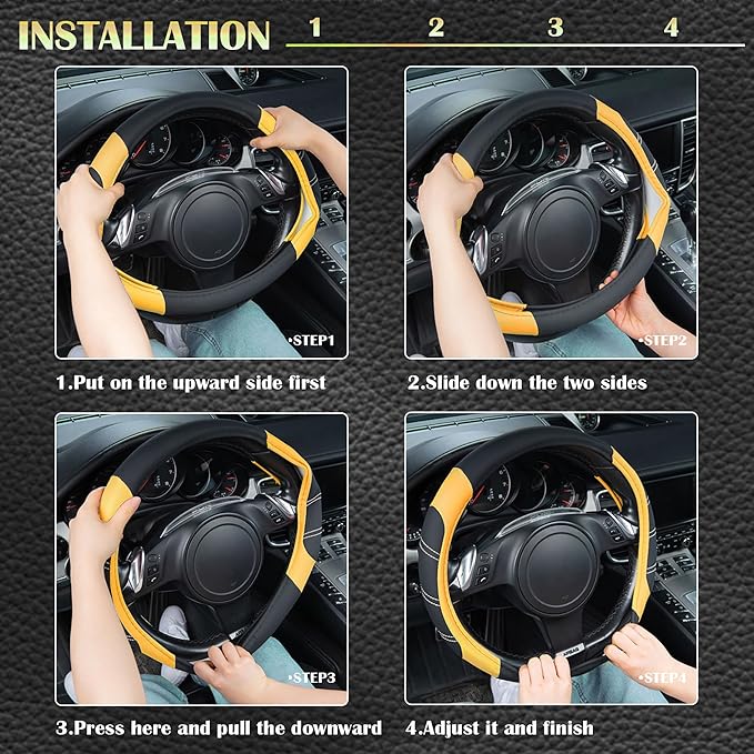 CAR PASS Line Rider Microfiber Leather Sporty Steering Wheel Cover Universal Fits for 95% Truck,SUV,Cars,14.5-15inch Anti-Slip Safety Comfortable Desgin (Black-Yellow)