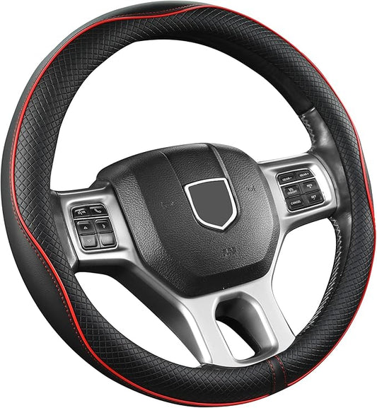 West Llama Customized Auto Car Steering Wheel Cover for Dodge RAM 1500 2500 3500, 15.5-16 inch (Black+Red Line-Large Size)