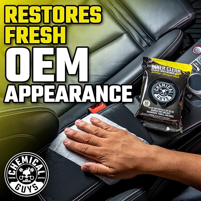 Chemical Guys InnerClean Interior Quick Detailer & Protectant Wipes – 50 Pack Multi Surface Cleaning Wipes for Dashboards, Doors and Seats – Safe for Cars, Trucks, SUVs, RVs and Home Use