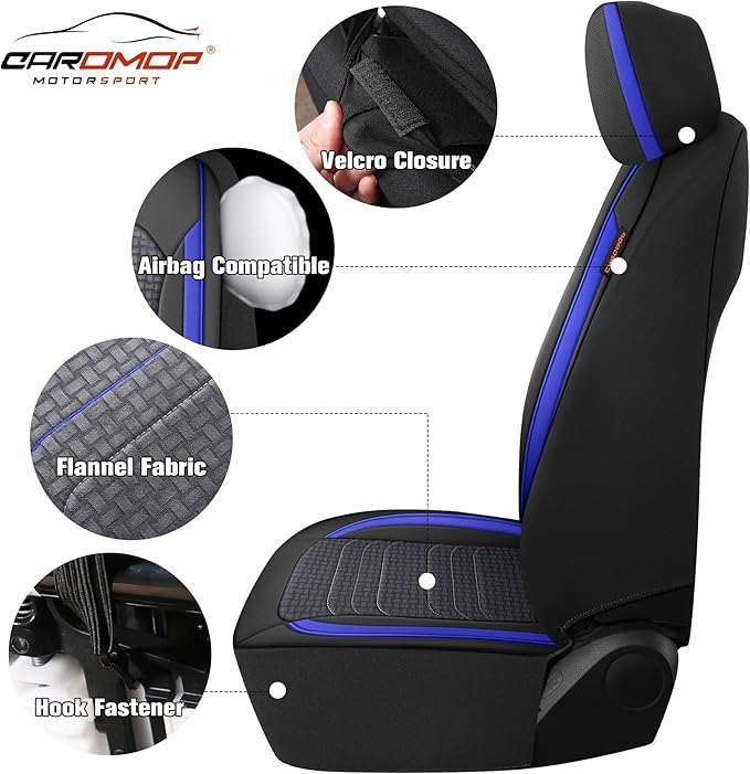 CAROMOP Premium PU Leather&Flannel Car Seat Covers Full Seats,Split Bench Compatible Car Interior Covers, Universal Fit Most Car Sedan Truck SUV(5-Seat Black/Blue)