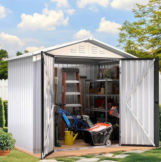 DWVO 6x4ft Storage Shed for Outdoors, Metal Sturdy Weatherproof Tool Locker with Secure Door and Ventilation for Equipment, Mowers, Bikes, Outdoor Spaces, White