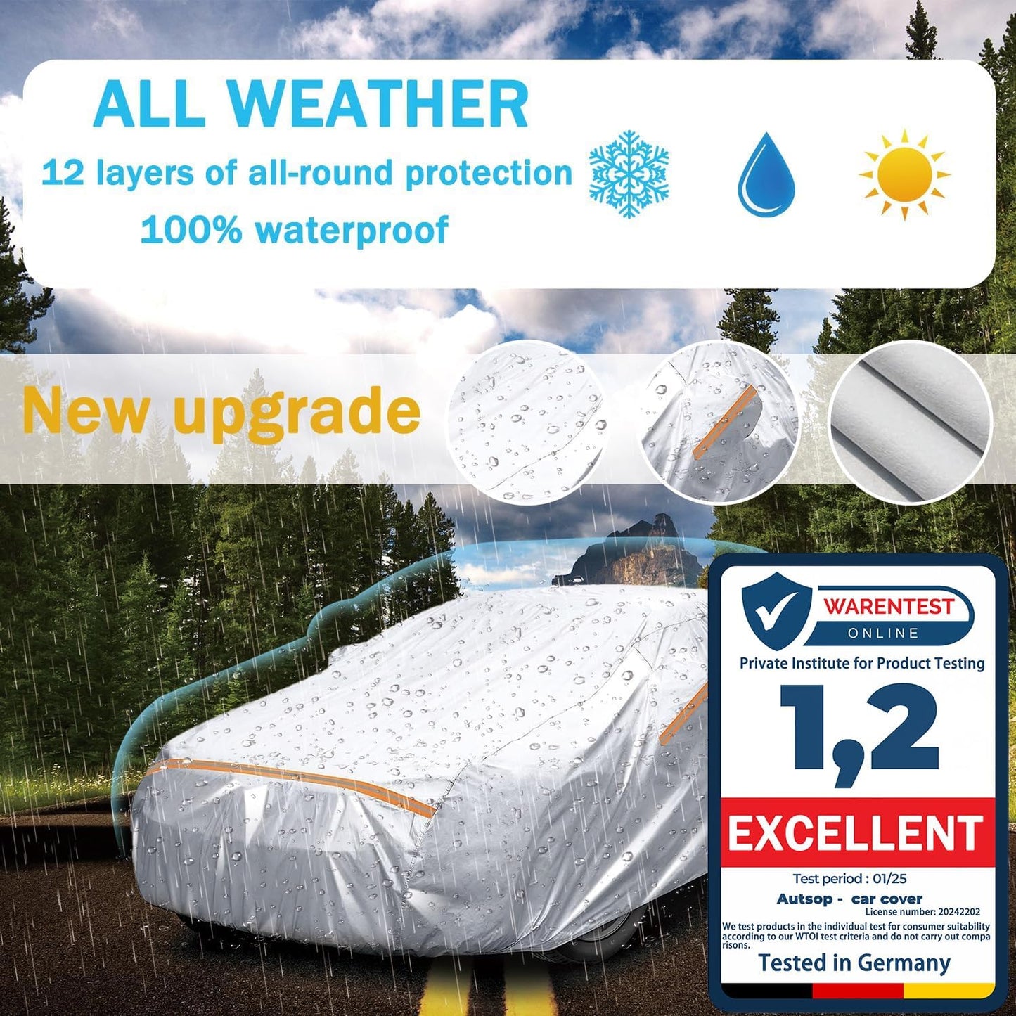 Autsop Car Cover Waterproof All Weather,12-Layer Car Covers for Automobiles Outdoor Heavy Duty Full Exterior Covers for Sedan(203-212 Inch)
