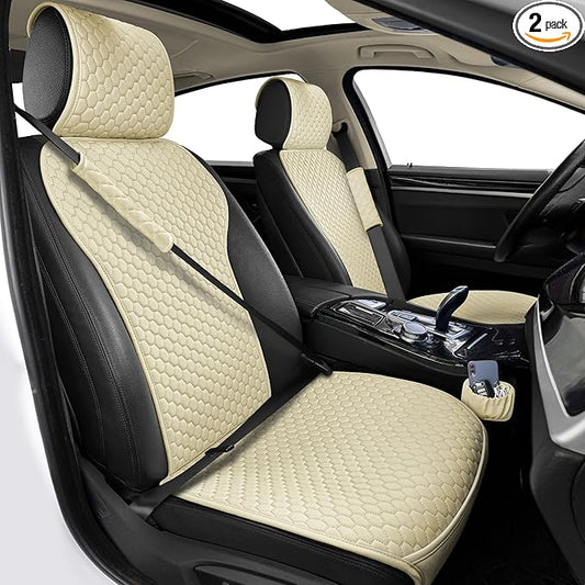 ENOGE 2 PCS Leather Car Seat Covers Front Seats Universal Sideless Seat Covers with Seat Belt Covers and Storage Pocket Waterproof Car Seat Protectors for Cars, SUV, Trucks (Beige)