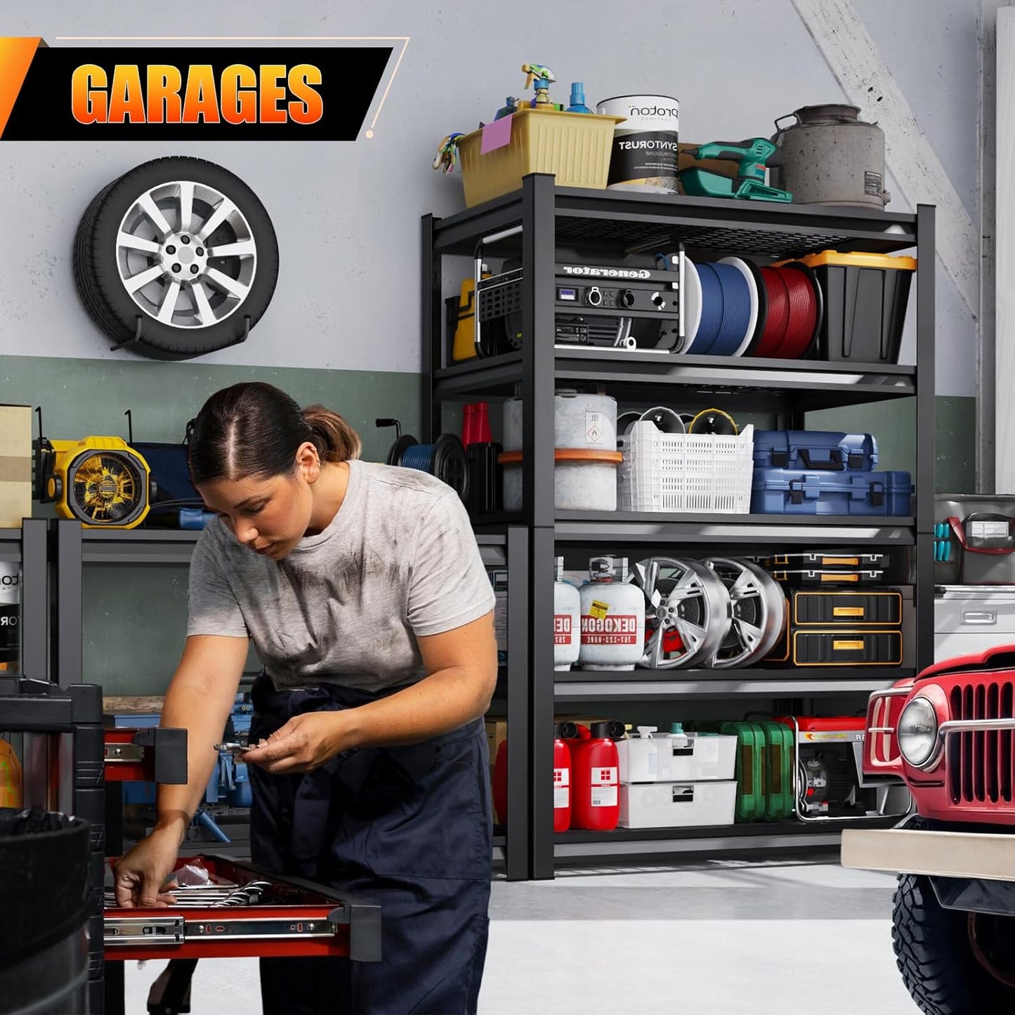 Large Garage Shelving, 5-Tier Garage Storage Shelves 3000LBS Heavy Duty Shelving Unit, Adjustable Steel Metal Shelving, Wire Shelves for Garag, Utility Rack Shelf for Basement, 72 ”H×45.7”W×19.7”D