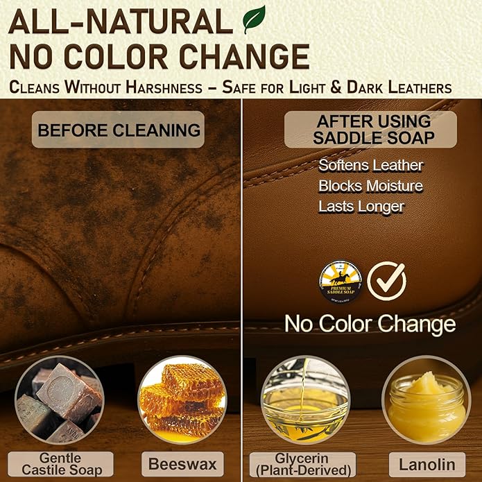 Saddle Soap for Leather – 6-in-1 Leather Cleaner & Conditioner with Saddle Soap & Mink Oil (3.52oz Each), Brush, Sponge & Towels – Complete Care Kit for Leather Boots, Bags, Car Interiors, Shoes
