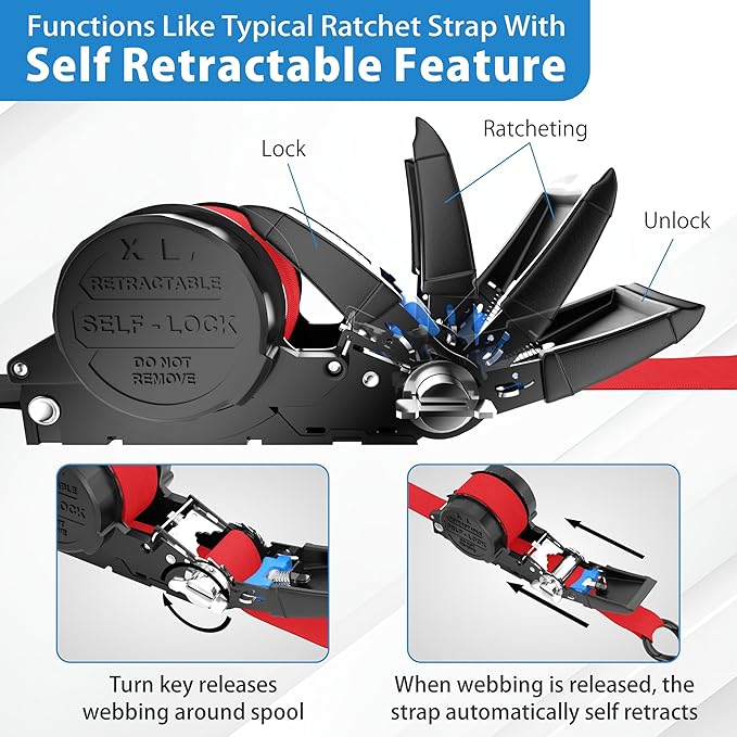 USA Based Retractable Ratchet Straps (2PK) 1in x 16ft - 1,500lb Break Strength, Heavy Duty Automatic Ratchet Straps Self Retractable Tie Down, Push Button Retracting Truck Trailer Cargo | Red