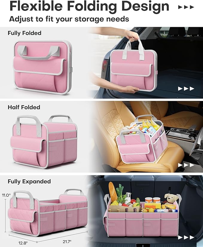 HOTOR Trunk Organizer for SUV – Foldable & Portable Car Organizers and Storage with 2 Compartments, Large Capacity Car Trunk Organizer Car Accessories for Truck Sedan, Pink, 21.7" x 12.8" x 11.0"