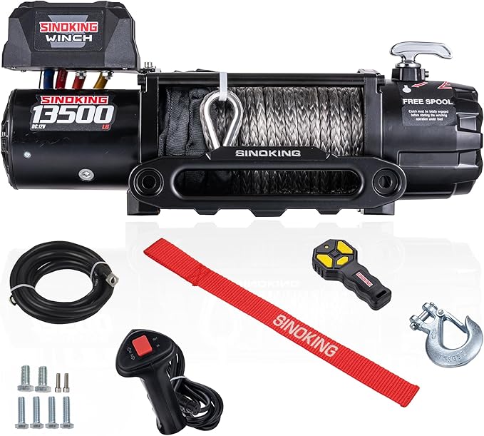 SINOKING 13500 lb Electric Winch for Jeep, Truck, SUV, Trailer Winch & Boat Winch – Heavy Duty Synthetic Rope 12V Winch, Waterproof Towing Winch with Wireless and Wired Remote