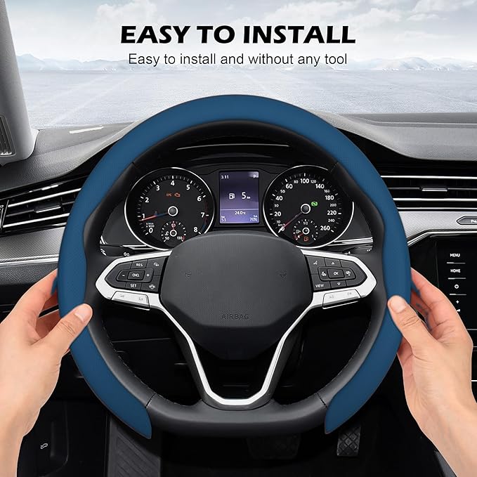frani Leather Steering Wheel Cover, Universal 15 Inch Premium Non-Slip Steering Wheel Cover Navy Blue