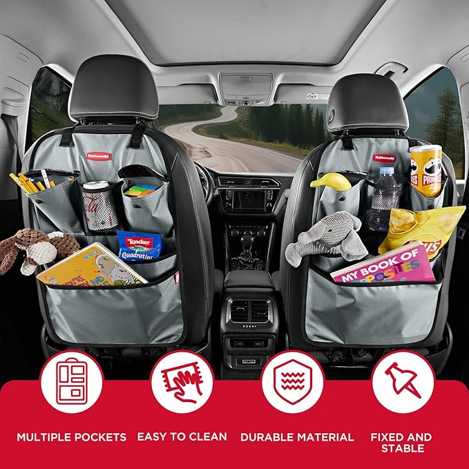 Rubbermaid Backseat Car Organizer, Kick Mats and Seat Back Protector, Car Organizer for Kids with 6 Storage Pockets, Travel Essentials for SUV, Truck, Car - 2 packs Gray