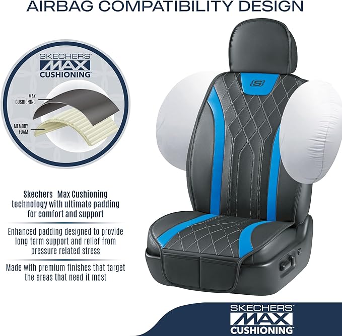 Skechers MAX Cushioning Car Seat Covers,Memory Foam Leather Car Seat Protectors, Airbag Safe Waterproof Sideless Front Seat Covers with Storage Pocket,Universal Fit for Cars Trucks SUV, Blue 2PCS