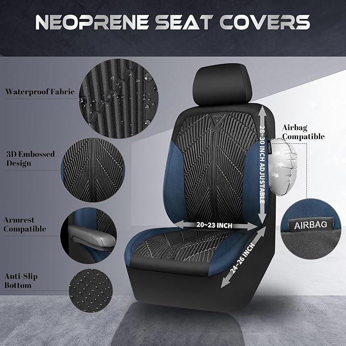 CAR PASS Waterproof Black Blue Car Seat Covers Front Seat Covers Neoprene Wetsuit,All-Weather Non-Slip Durable,Universal Fit for SUV Trucks Automotive,Armrest Airbag Compatible,Emboss Black Blue