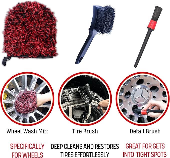 Metal Free Microfiber Wheel Brush Kit- Microfiber Angled Wheel Brush, Long Handle Wheel Brush, Tire& Detailing Brush, Wheel Wash Mitt. Hands-On Wheel Detailing Kit for Daily Wheel Cleaning