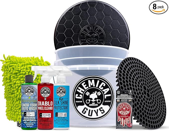 Chemical Guys 8-Piece Arsenal Builder Car Wash Kit - Includes Bucket, Dirt Trap, Lid, Wash Mitt, Air Fresheners & (3) 16 oz Car Care Chemicals, Complete Cleaning Kit for Cars, Trucks, SUVs & More
