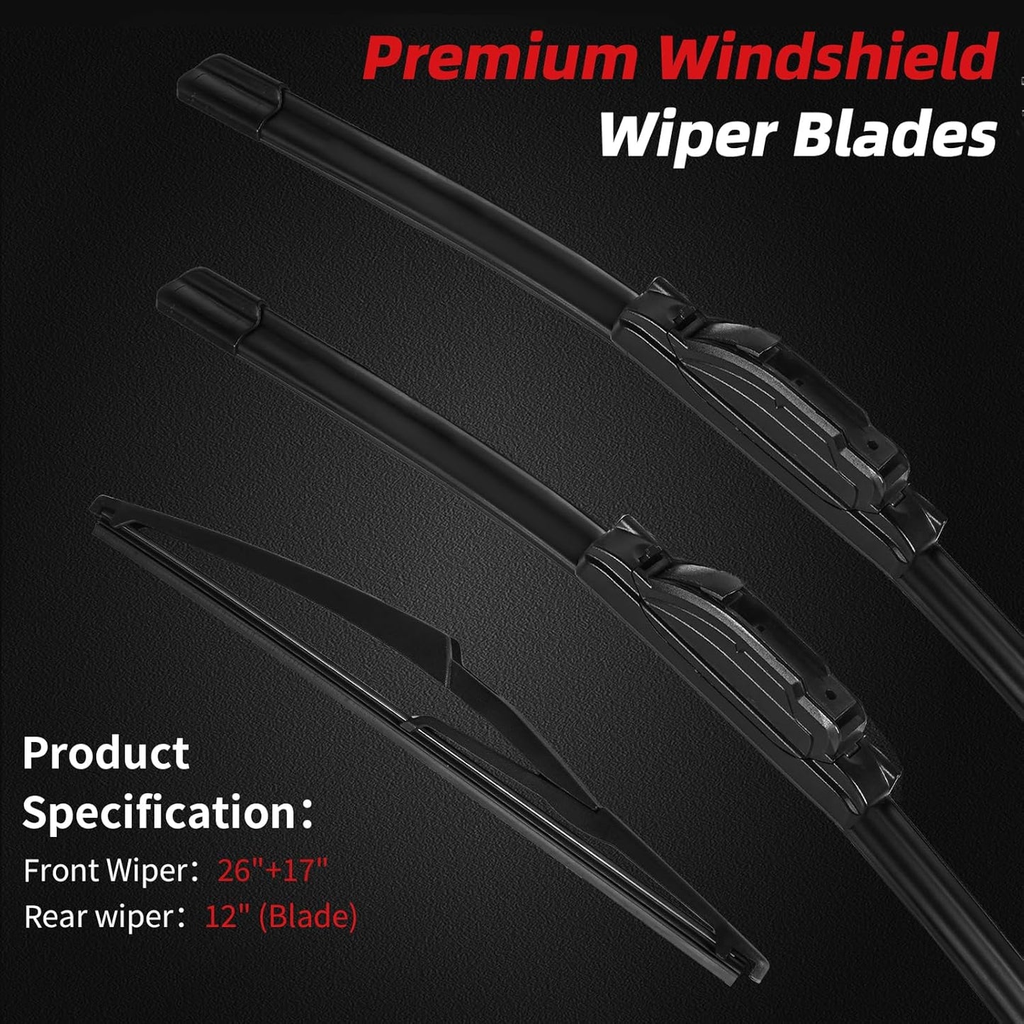 OTUAYAUTO Windshield Wiper Blades - Replacement for Nissan Rogue 2014-2023, Front and Rear Wiper Blades, U/J Hook - 26"+17"+12" (Pack of 3)