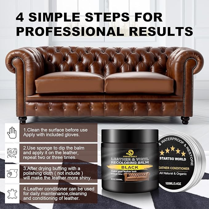 STARTSO WORLD 200Ml Leather Recoloring Balm with 100ML Leather Conditioner, Black Leather Repair Kit for Furniture, Leather Dye, Leather Scratch Repair, Leather Couch Paint