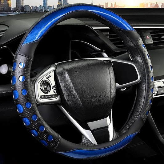 Leather Car Steering Wheel Cover with Anti-Slip Grip, for Women and Men, Universal Fit for 14.5-15 Inch Cars, Trucks, SUVs (Blue (Round), Medium(Standard) Size[14 1/2''-15''])
