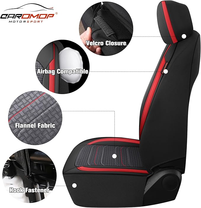 CAROMOP Premium PU Leather&Flannel Car Seat Covers Full Seats,Split Bench Compatible Car Interior Covers, Universal Fit Most Car Sedan Truck SUV(5-Seat Black/Red)