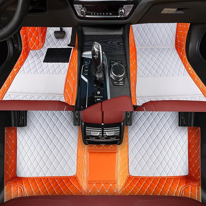 Custom car Floor mats Suitable for 99% car Truck SUV,car mats All Weather Personalized,Full Coverage Luxury Car Mats, Anti-Slip Leather Floor mats. (Orange and White)