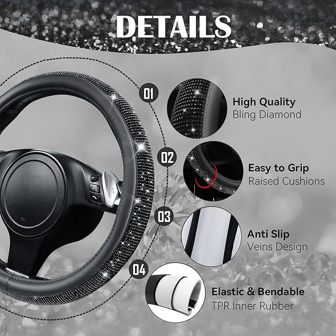 CAR PASS Bling Diamond Leather Steering Wheel Cover 14.5in-15in Floor Mats Shining Rhinestone Carpet Sparkly Glitter Crystal Anti-Slip Pad Fit Automotive SUV Pickup Truck Girl Women, 5pcs Black