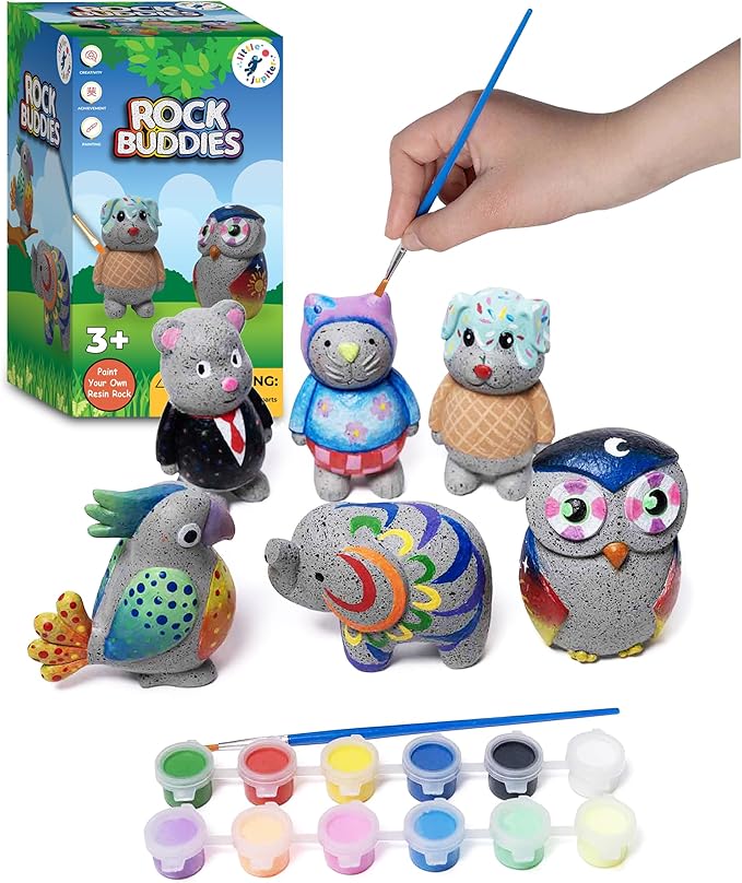 Rock Buddies - DIY Resin Shaped Stone Like Material Animal Figures - Ideal Arts and Crafts for Kids 3-12 Yrs old - Complete Kids Painting Crafts with 6 Projects, Paint, & Brush - Children's Activities