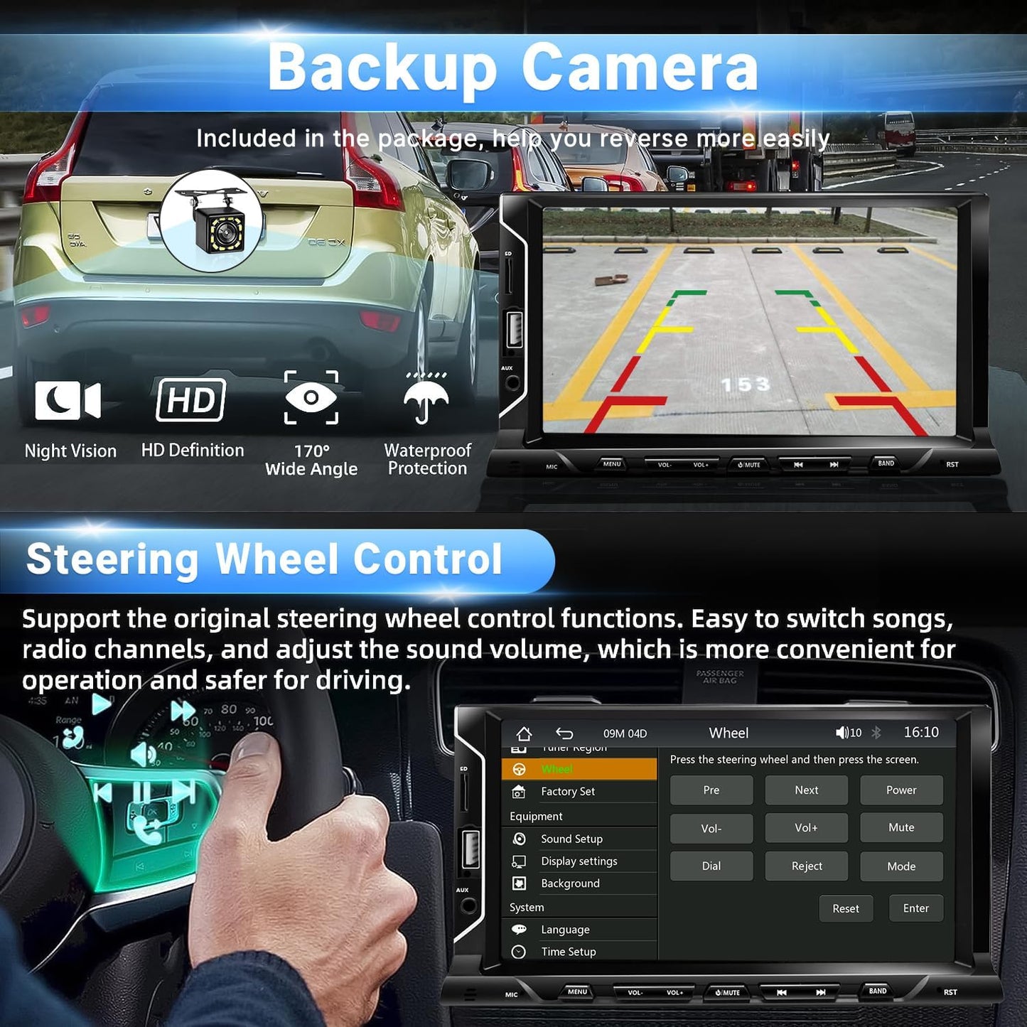 7 Inch Double Din Car Stereo Support Apple CarPlay Android Auto Mirror Link Capacitive Touchscreen Monitor Car Play Radio with Bluetooth 5.0, FM Radio, USB/TF/AUX Port, Backup Camera, Remote Control