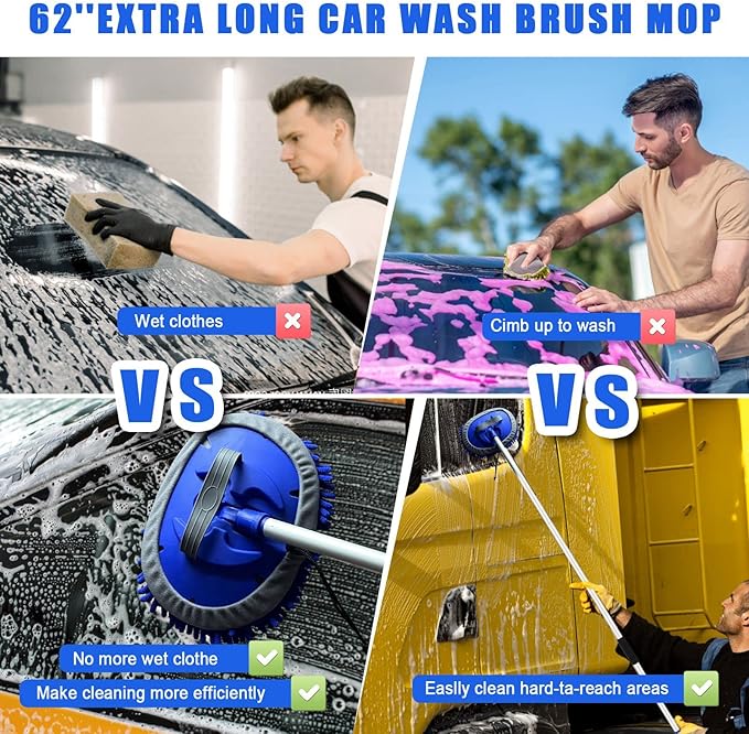 21Pcs Car Wash Kit,62" Car Wash Brush Mop with Long Handle,Car Cleaning Kit,Car Detailing Brush Set,Car Wash Bucket with Filter,Windshield Window Squeegee for Cars RV Truck Boat (Blue)