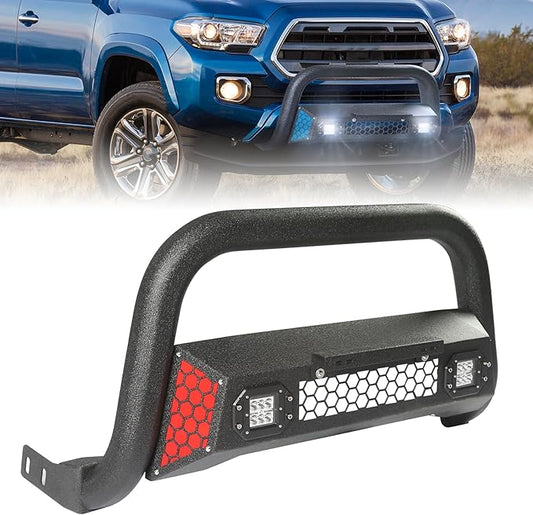 Bull Bar Fit for Toyota Tacoma 3rd gen 2016 2017 2018 2019 2020 2021 2022 2023 with LED Light & w/License Plate Bracket DIY Paintable Front Bumper Brush Push Bar Grille Guard Protector