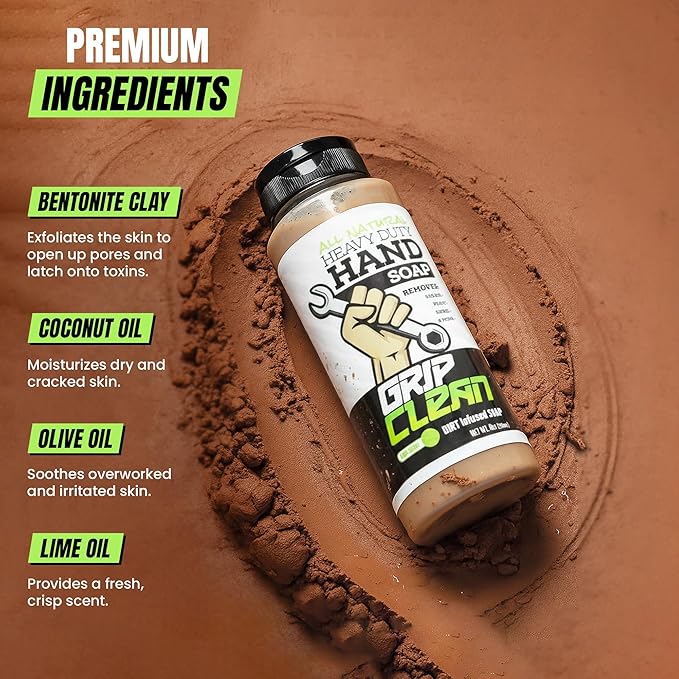 Grip Clean Heavy Duty Hand Cleaner for Mechanics – Natural Pumice & Clay-Infused Technology Removes Grease, Oil & Grime – Moisturizing Liquid Hand Soap for Shop, Garage & Industrial Use – 8 oz