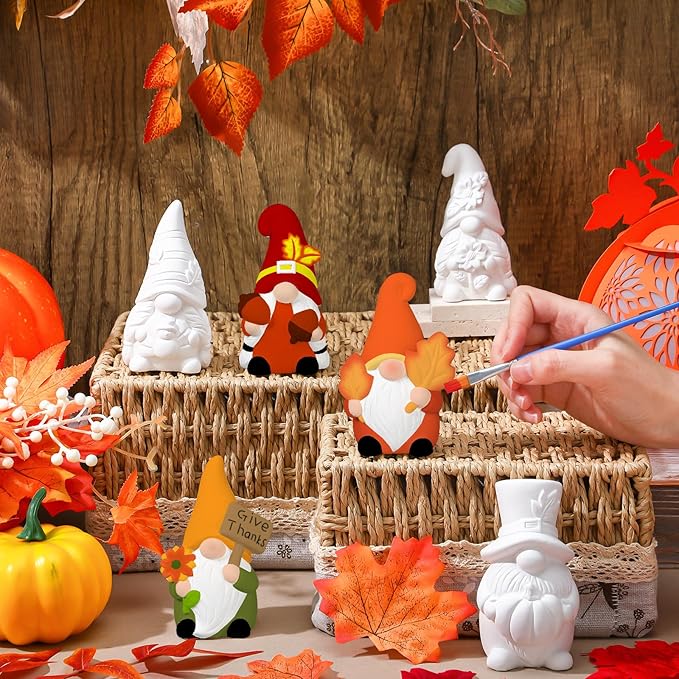 Eersida 6 Sets Fall Gnome Ceramics to Paint Thanksgiving Ready to Paint Your Own Ceramic Autumn Pumpkin Gnome Statues DIY Unpainted Ceramics Paintable Figurines Kit Crafts with Brush Palette