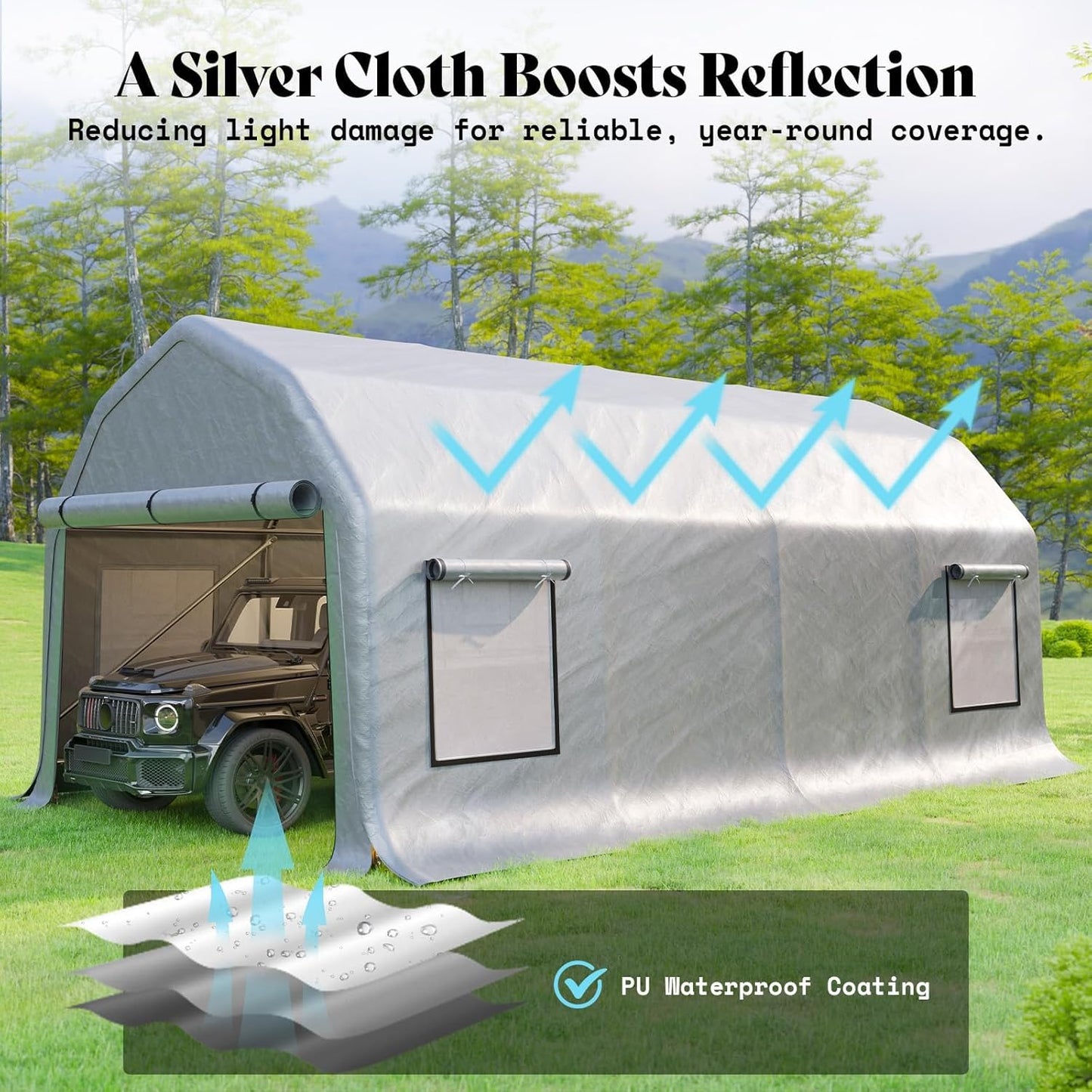 AMERLIFE 12x24 FT Heavy Duty Carport Garage Canopy, All-Weather Steel Frame Outdoor Shelter with Roll-Up Door & 4 Vented Windows, UV-Proof Waterproof Portable Storage for Cars, Boats, Silver