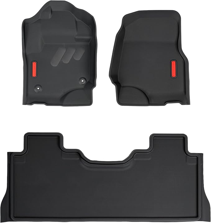 BaseLayer Elite Floor Mats for Ford F250/350 Super Duty Crew Cab with Rear Fold-Flat Storage (2017-2022) - Made in USA – Precision Fit Heavy Duty All-Weather Mats – Front & Rear (Red Logo)