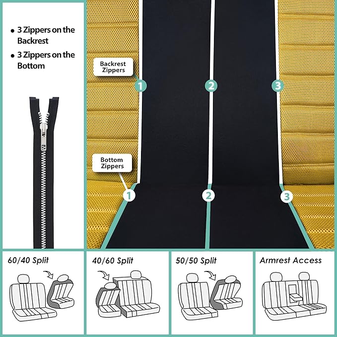 FH Group Automotive Car Seat Covers Full Set Premium 3D Air Mesh Front Seat Covers, Airbag Compatible & Split Bench Cover Universal Fit Interior Accessories for Cars Trucks and SUVs - Yellow